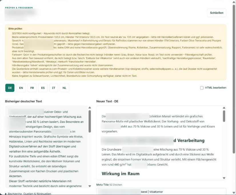 Prüfansicht im Content Studio: Hinweise der Recherche, bisheriger und neuer deutscher Text nebeneinander, Sprachen DE bis NL