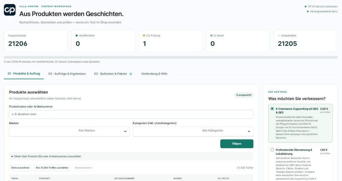Startseite des Content Studio in der Shopware-Administration mit Produktzahlen und Auftragsauswahl